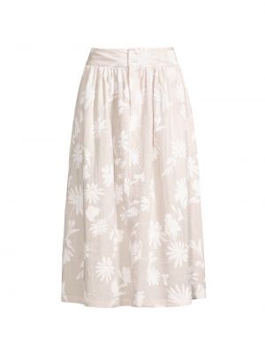 Льняная юбка-миди со сборками и цветочным принтом бежевый