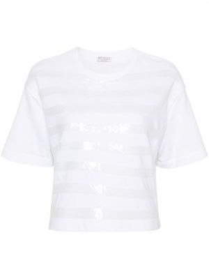 Bombažna majica s cekini Brunello Cucinelli bela