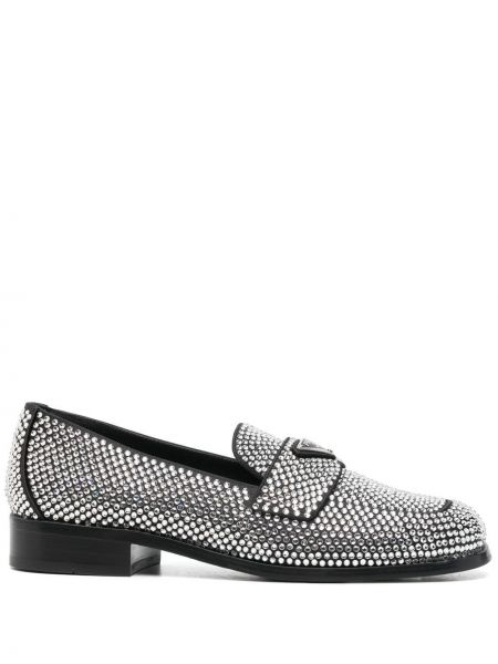 Skinn loafers med rhinestones Prada sølv