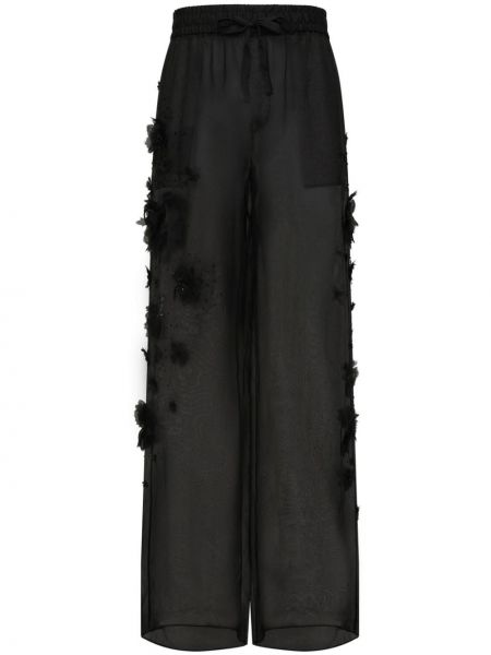 Květinové hedvábné rovné kalhoty Dolce & Gabbana černé