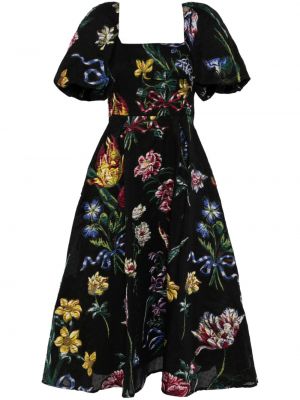 Virágos midi ruha Marchesa Notte fekete