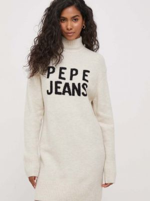 Gyapjú mini ruha Pepe Jeans bézs