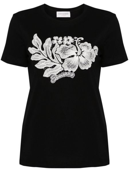 Tricou din bumbac cu model floral Ermanno Firenze negru
