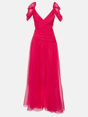Drapované šifonové hodvábne dlouhé šaty Oscar De La Renta ružová