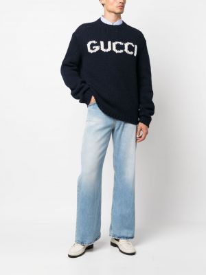 Haftowany sweter wełniany Gucci niebieski