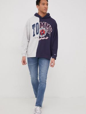 Pamučna hoodie s kapuljačom s melange uzorkom Tommy Jeans plava