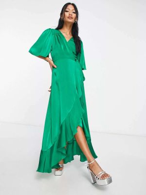 Атласное длинное платье с рюшами Flounce London зеленое