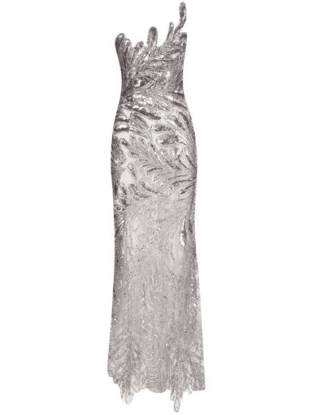 Křišťálové šaty bez ramínek Oscar De La Renta stříbrné