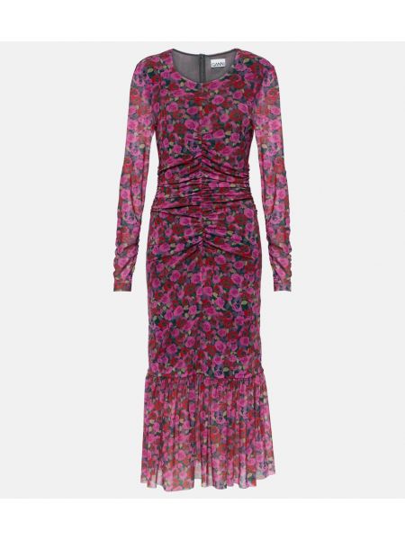 Midi obleka s cvetličnim vzorcem z mrežo Ganni vijolična