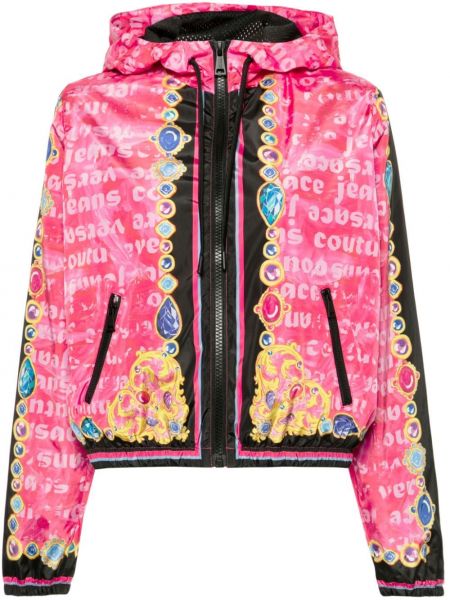 Džínsová bunda s kapucňou s potlačou so srdiečkami Versace Jeans Couture ružová