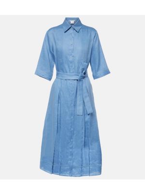 Lniana sukienka midi plisowana Max Mara niebieska
