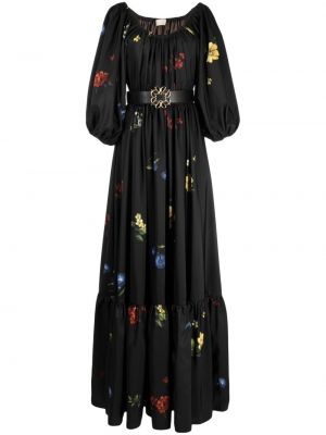 Kvetinové saténové dlouhé šaty s potlačou Elie Saab čierna