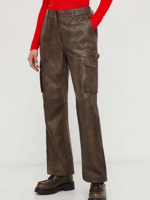 Jednobarevné kožené kalhoty s vysokým pasem Herskind hnědé
