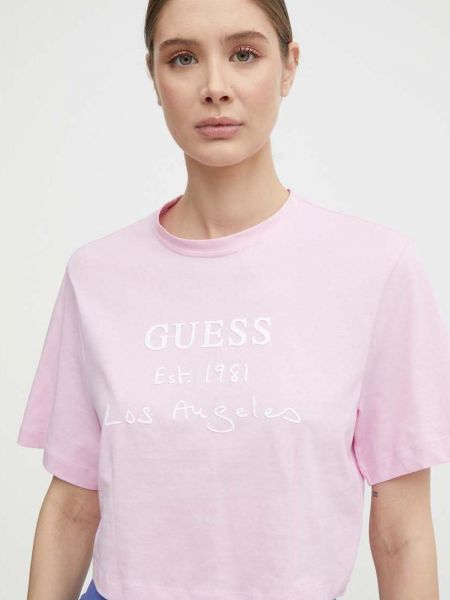 Koszulka bawełniana Guess różowa