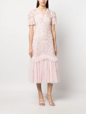 Tylové květinové koktejlové šaty Needle & Thread růžové