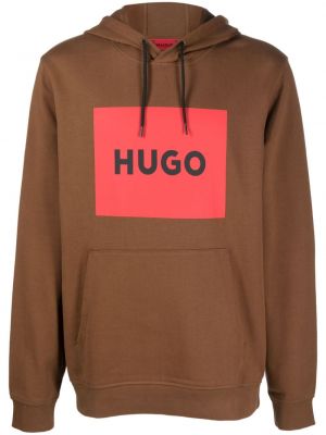 Pamučna hoodie s kapuljačom s printom Hugo smeđa