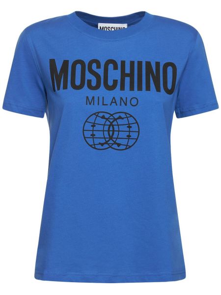 Памучна тениска с принт от джърси Moschino синьо