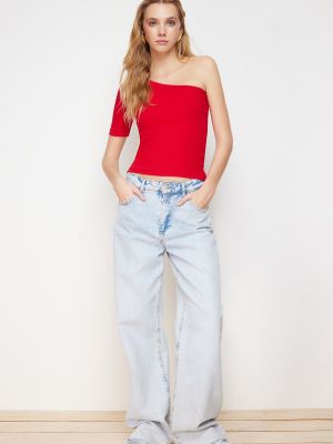 Βαμβακερή μπλούζα με στενή εφαρμογή κοτλέ Trendyol κόκκινο