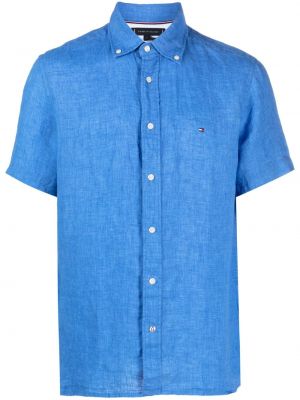 Lniana haftowana koszula Tommy Hilfiger niebieska