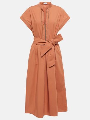 Bavlněné midi šaty Brunello Cucinelli oranžové