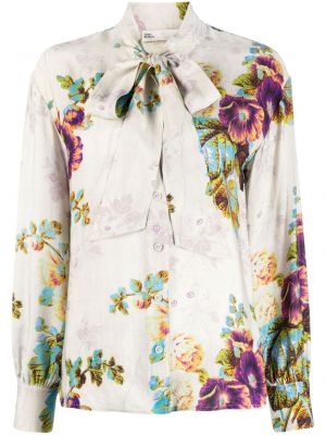 Сатенена блуза на цветя с принт Tory Burch бяло