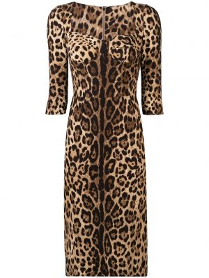 Прилепнала коктейлна рокля с принт с леопардов принт Dolce & Gabbana кафяво