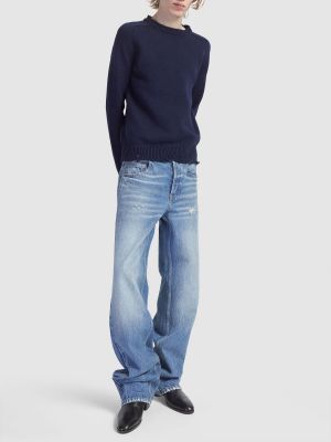 Proste jeansy bawełniane relaxed fit z niską talią Saint Laurent niebieskie