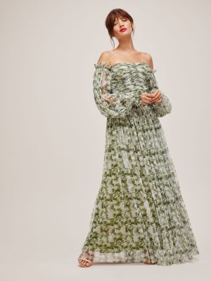 Платье с открытыми плечами с бисером в цветочек с принтом Lace And Beads зеленое