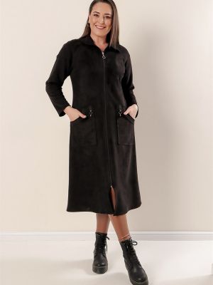 Palton din piele de căprioară cu dungi cu buzunare By Saygı negru