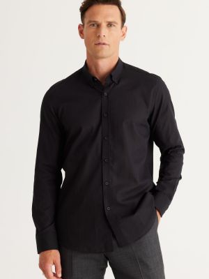 Slim fit lněná košile s knoflíky Ac&co / Altınyıldız Classics černá