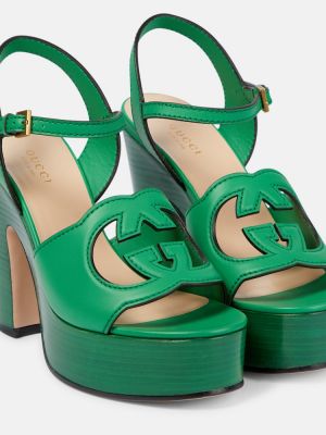 Кожени сандали на платформе Gucci зелено