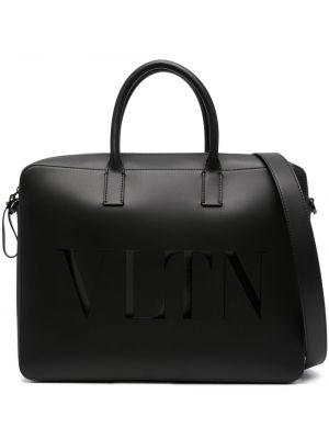 Usnjena nakupovalna torba s potiskom Valentino Garavani črna