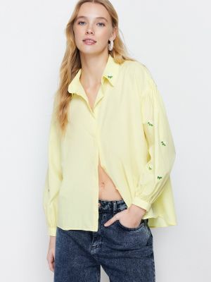 Βαμβακερό πουκάμισο με κέντημα από λυγαριά Trendyol κίτρινο