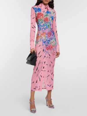 Květinové midi šaty se síťovinou Christopher Kane růžové