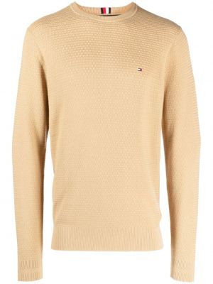 Плетен памучен пуловер бродиран Tommy Hilfiger бежово
