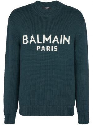 Плетен пуловер с принт Balmain зелено