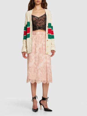 Pamučna midi suknja s čipkom s cvjetnim printom Gucci ružičasta