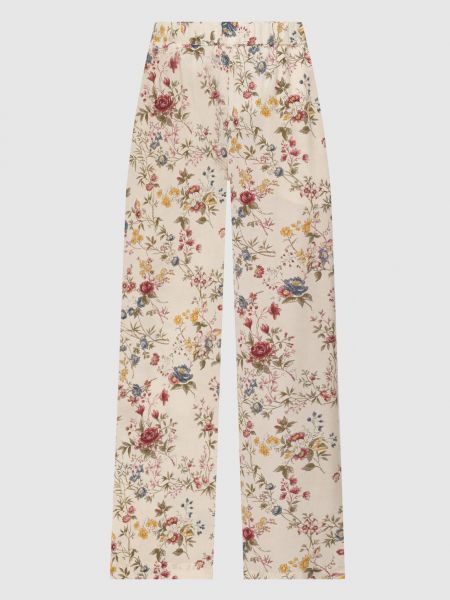 Шовкові прямі брюки в квіточку з принтом Max Mara Weekend бежеві