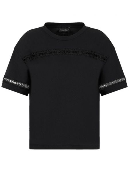 Černé bavlněné tričko s výšivkou Emporio Armani