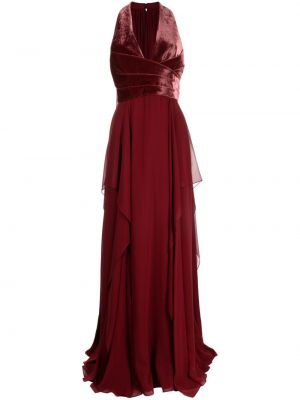 Кадифена копринена вечерна рокля с v-образно деколте Elie Saab червено