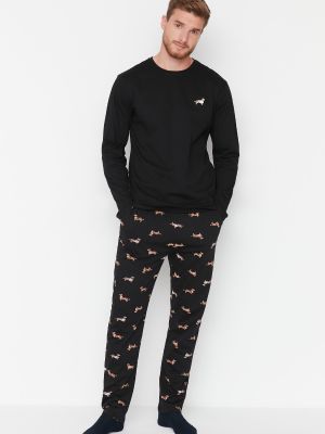 Pijamale tricotate cu imprimeu animal print Trendyol negru