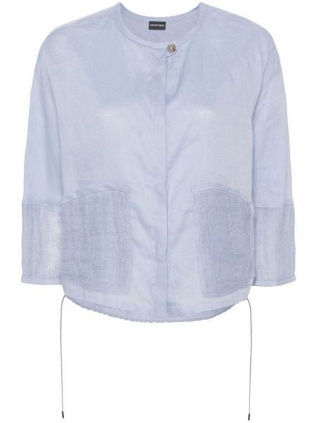 Прозрачна ленена блуза Emporio Armani синьо