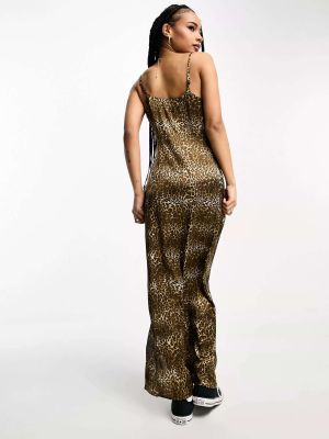 Леопардовое атласное платье на бретельках с принтом Heartbreak коричневое