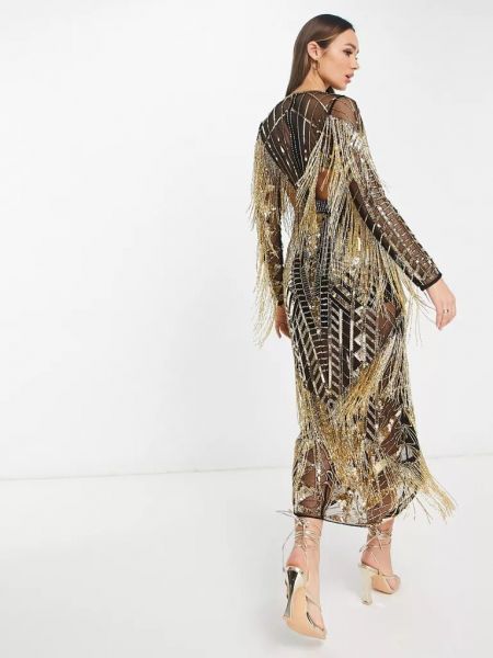 Платье миди с пайетками с бахромой с длинным рукавом Asos