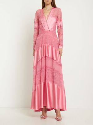 Satynowa sukienka długa z dekoltem w serek koronkowa Zuhair Murad różowa