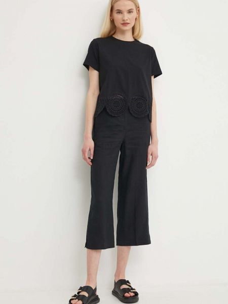 Lniane proste spodnie z wysoką talią United Colors Of Benetton czarne