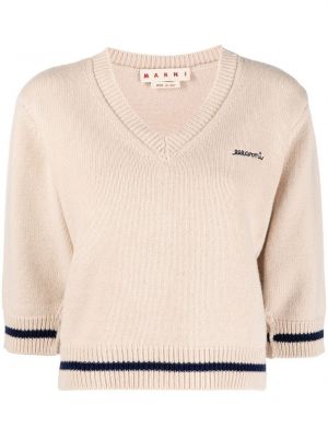 Пуловер бродиран с v-образно деколте Marni бежово