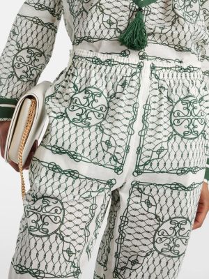 Памучни панталон с висока талия с принт Tory Burch зелено