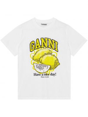 Bavlnené tričko s potlačou Ganni biela