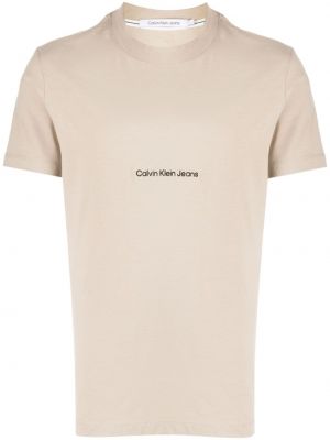 Памучна тениска с принт Calvin Klein бежово